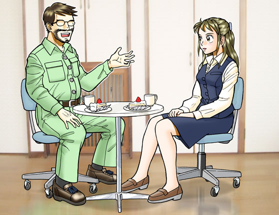 ショートケーキとカップが置かれた丸テーブルを挟んで、左側には黒縁眼鏡をかけ、口ひげから顎髭まで一円のひげがある男性が椅子に座り、左手を軽く挙げて話をしている様子で、右側には髪の毛をハーフアップにしてバレッタで留めた女性が椅子に座って話を聞いている様子のイラスト