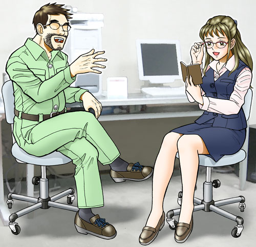 背後にパソコンがあるオフィスのような場所で、左に緑色のつなぎを着た眼鏡をかけた髭の男性が足を組んで椅子に座り、右に眼鏡に手をかけながら手帳を見ている長髪の女性が座ってにこやかに談笑している様子のイラスト