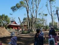 木々の奥にある台風被害が残る飯香岡八幡宮をフィールドワークしている人たちが映っている写真