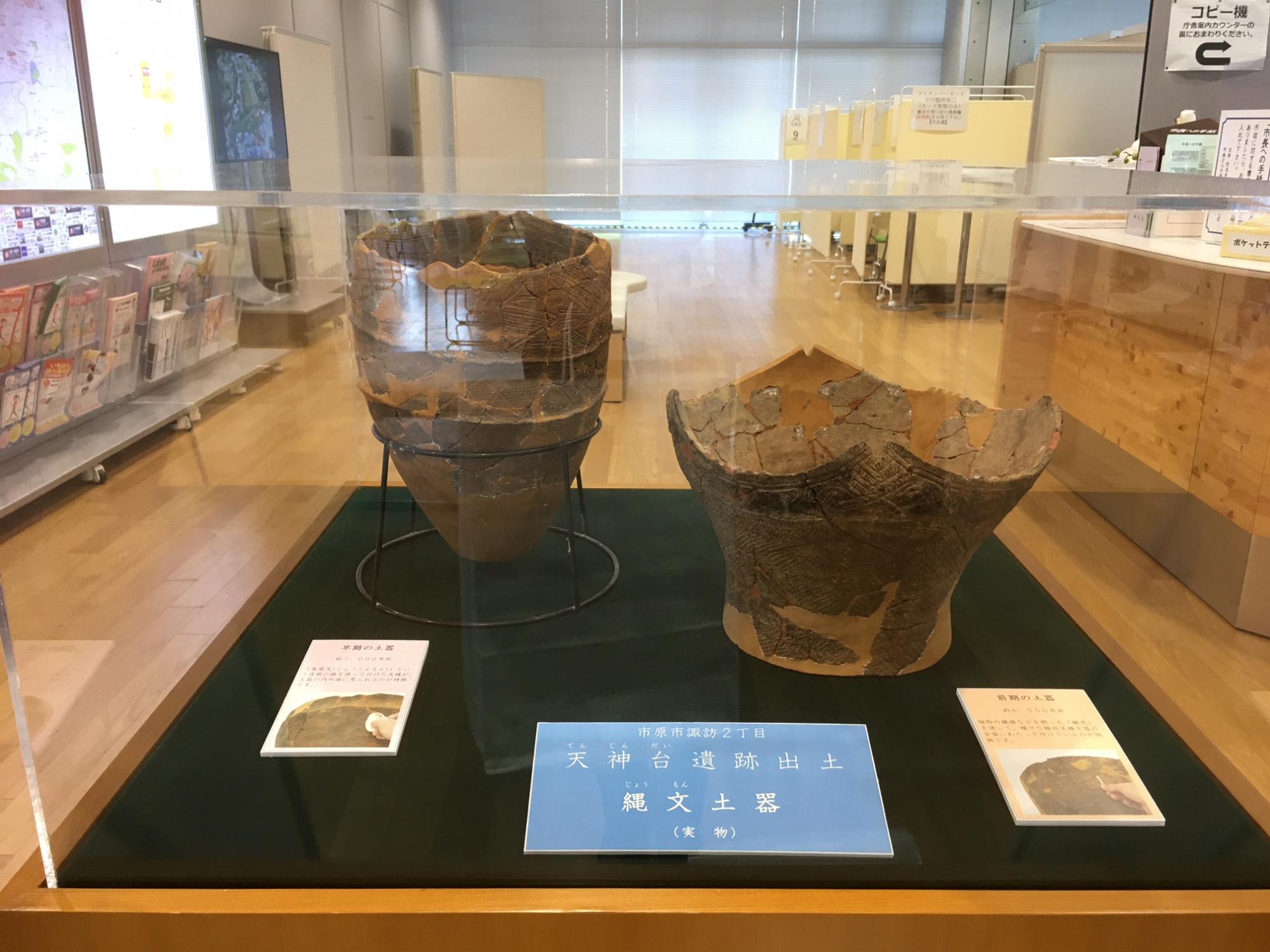ショーケースの中に、2点の形の違う土器が展示されている写真