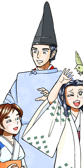 菅原孝標の女の後ろに立ち、乳母と話している、兄の菅原定義のイラスト