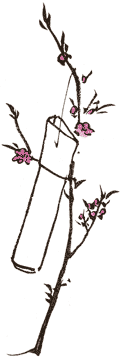 花が咲き、手紙を結びつけてある梅の枝のイラスト
