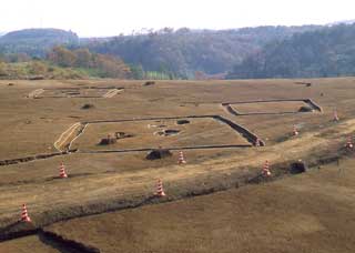 広い土地にコーンが立ててありその奥に四角く溝が掘られた跡が3つある写真