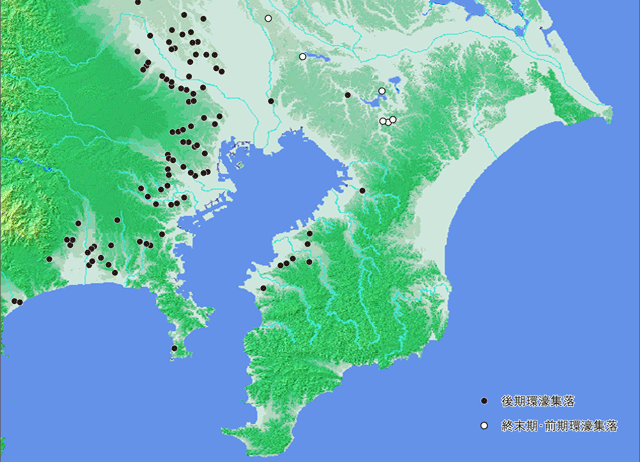 南関東地方環濠集落分布図(後期環濠集落と終末期・前期環濠集落)の画像
