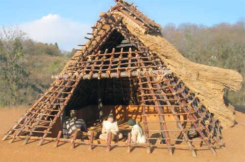 手前の茅葺きを外した竪穴式住居で、3人の人形が生活している様子の写真