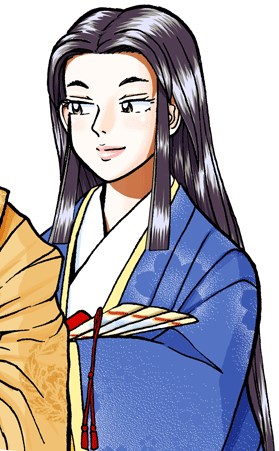 青い着物で手に扇を持ち、優しく微笑んでいる高階成行の女のイラスト