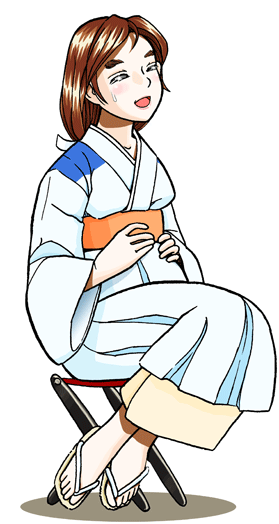椅子に腰掛け、妊娠して少し大きくなったお腹に手を当てて微笑んでいる、着物姿の乳母のイラスト