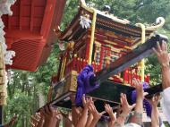 多くの人の手が神輿を持っていて、神輿の宮出しが写っている写真