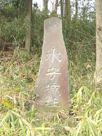 水守城址と彫られた縦長の岩が草むらに立っている写真