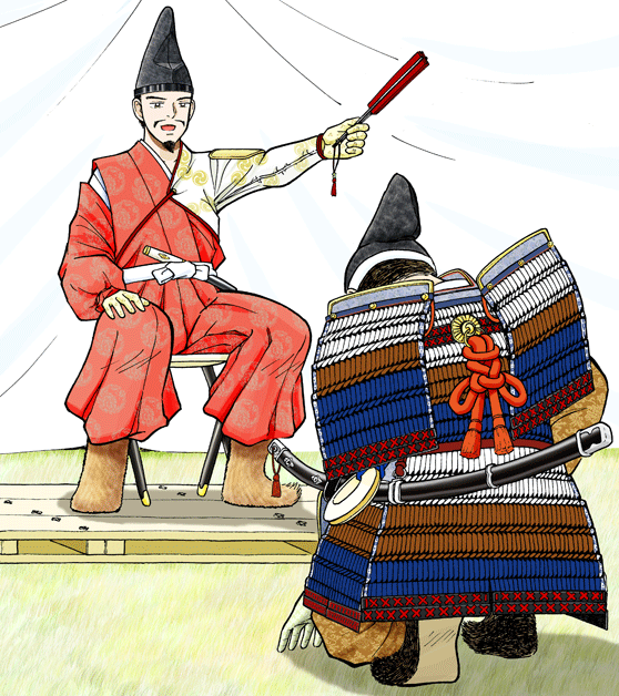 腰かけている源頼朝と、跪き頭を下げている千葉常胤の後ろ姿のイラスト
