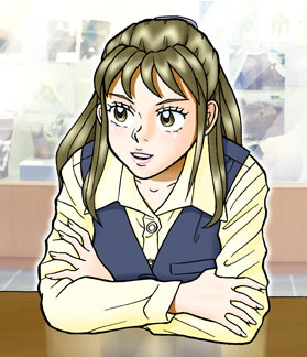 黄色いシャツ、紺色のベストを着用した髪の長い女性が、テーブルに乗り出して腕組みをして、向かいにいる人を見ながら話しているような表情の女性のイラスト