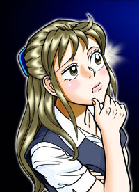 右手をあごの近くに寄せ、首をかしげる様子の髪の長い女性のイラスト