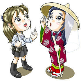 なるみちゃんと笠を被った菅原孝標の女のイラスト