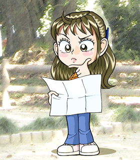 なるみが手に持っている資料を広げ、見ながら考えている様子のイラスト