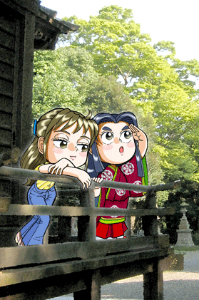 本殿の縁側で空を見上げている菅原孝標の女と、縁側の柵にもたれかかっているなるみのイラスト