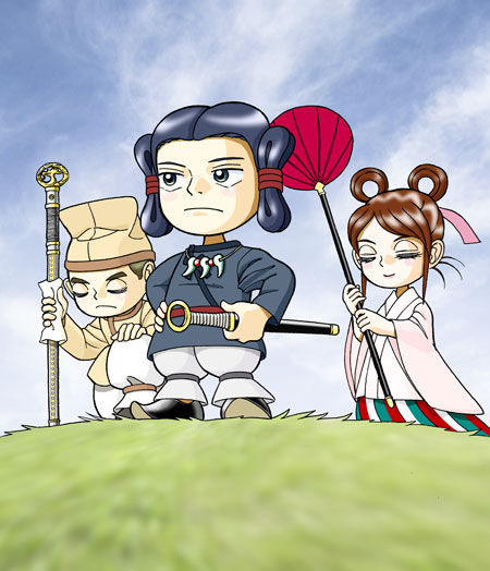 手下を従えた左手に剣を持った王様が、丘の上から真っすぐ前を見ているイラスト