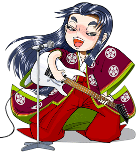菅原孝標の女が楽器を弾き、歌うイラスト