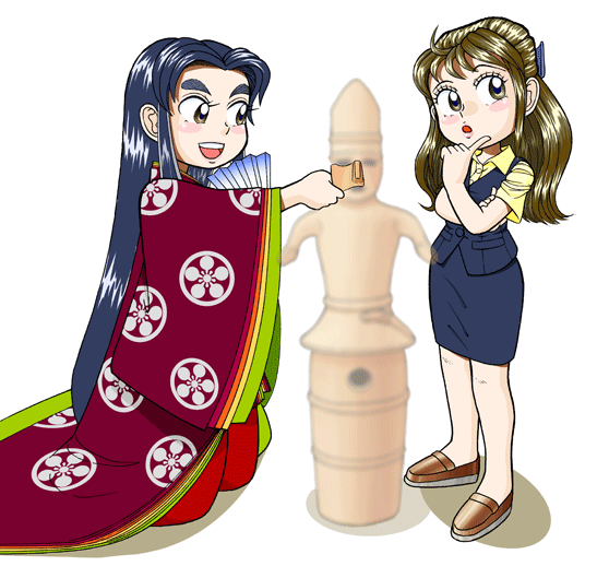 下総型埴輪の前で、菅原孝標の女がなるみに埴輪の破片を見せ、なるみが考えている仕草をしているイラスト