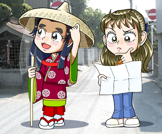 市原市の街中で、紙を広げて考え込むなるみとあたりを見回す菅原孝標の女のイラスト写真