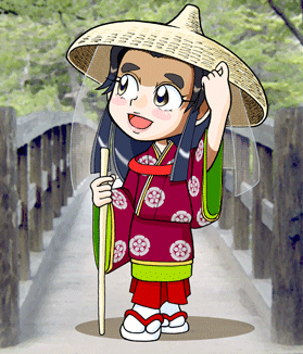 編笠を被り杖をついている菅原孝標の女のイラスト