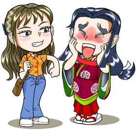 赤面している菅原孝標の女をからかっているなるみのイラスト