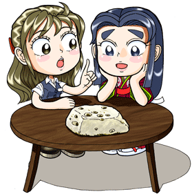 丸いテーブルに置かれた穴の開いている石をみている、なるみと菅原孝標の女のイラスト