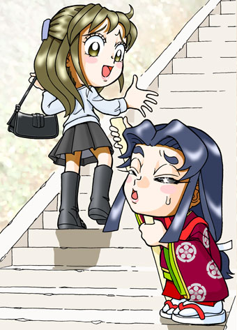 階段を登り疲れた菅原孝標の女と、ほほえむなるみのイラスト