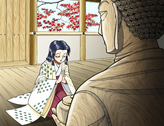 外には紅葉の赤い葉っぱの見えるお堂内で、白い着物羽織を着たおかっぱ頭の少女が薬師仏に手を合わせているイラスト