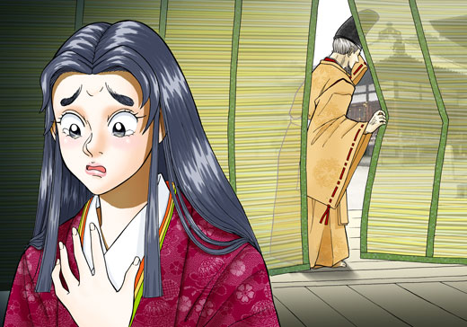 黄土色の着物を着た白髪の老人が御簾から出ていき、御簾の中ではえんじ色の着物を着た黒髪の長い女性が胸に左手をあてて困った顔をして涙ぐんでいるイラスト
