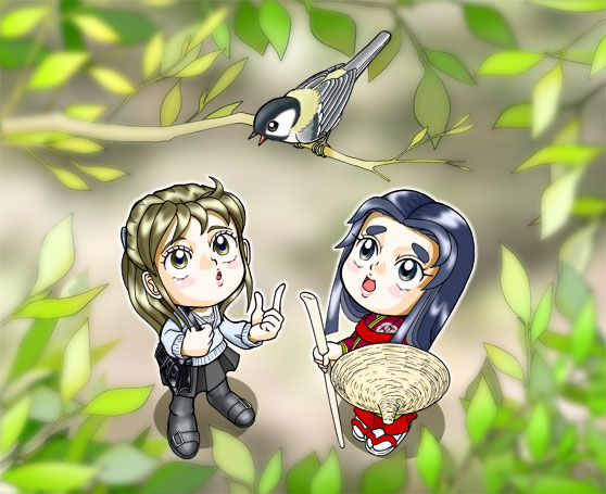 木でさえずる鳥を見上げるなるみと菅原孝標の女のイラスト