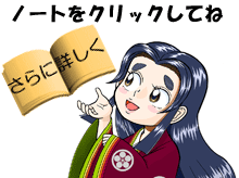 ノートをクリックしてね「さらに詳しく」と書かれたノートと菅原孝標の女のイラスト(菅原孝標の女の更級いちはら紀行 島穴神社の路1のページへリンク)