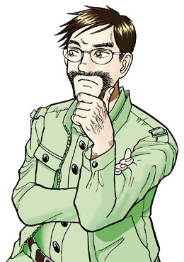 眼鏡をかけ口ひげを生やし、緑色の作業着のような洋服を着ている男性が腕を組み左手をあごにあてて難しい顔をしている様子のイラスト