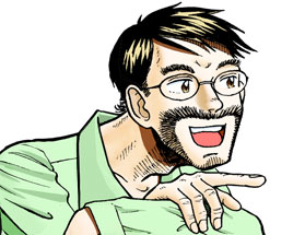 黒縁眼鏡をかけ、口ひげを生やしたさとし学芸員という男性が、腕組みをした間から右手の人差し指を相手に向けて笑顔で話している様子のイラスト
