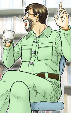 短髪で眼鏡をかけ口ひげを生やし、緑色のつなぎに茶色のベルトをした男性が口を開け、椅子に座り右手に白いコーヒーカップを持ち、左手の人差し指を上に向けているイラスト