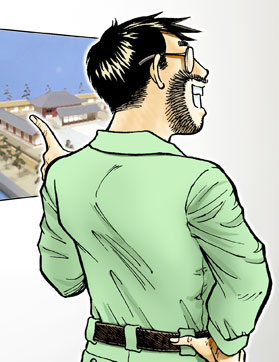 眼鏡をかけ口ひげを生やし、緑色のつなぎを着た男性の斜め後ろ姿のイラスト