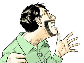 眼鏡をかけ口ひげを生やした緑色の服を着た男性が、歯を食いしばり左手は開いて右手を握ってパンチするときのような姿勢をしているイラスト