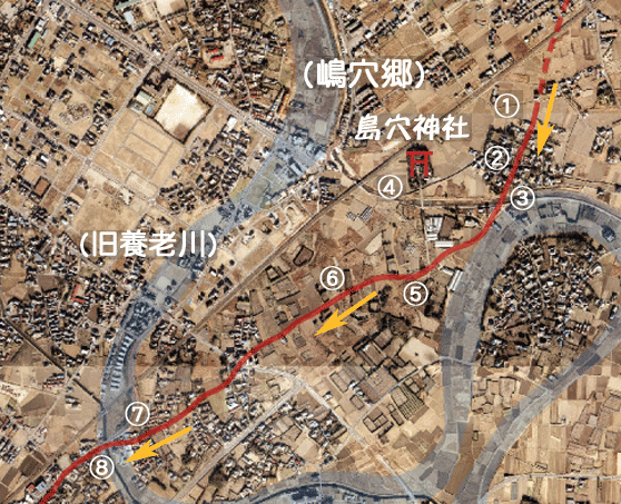 古代メインルート推定ラインを赤のラインで示した市原市の航空写真
