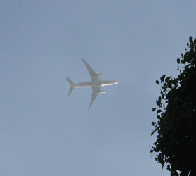 上空を旅客機が飛んでいる写真