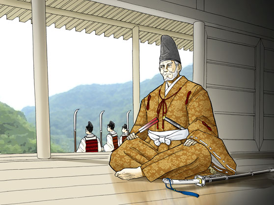 軒の下に憲兵が3名立ち、建物の中には黒い立烏帽子をかぶって白い顎髭を生やし左脇に刀を差した黄土色の着物を着た男性が、右手に扇子を持ち難しい顔をして胡坐を組んで座り、座った左側には青い房紐のついた刀が置かれている様子のイラスト