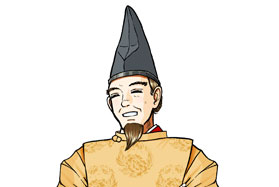 黒い立烏帽子をかぶって顎髭を生やし、黄土色の着物を着て微笑んでいる男性のイラスト