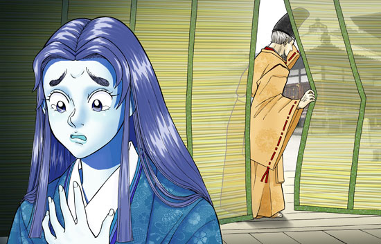 泣きながら出ていく孝標と心配そうな顔をする菅原孝標の女のイラスト