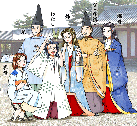 左から、「乳母」「兄」「わたし」「姉」「父(孝標)」「継母」が描かれた菅原家のイラスト