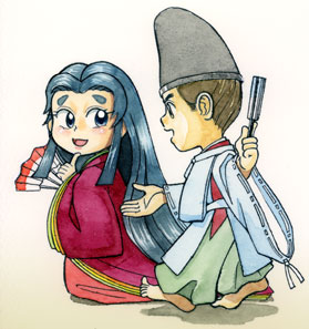 仲睦まじく話をしている、菅原孝標の女と兄の菅原定義のイラスト