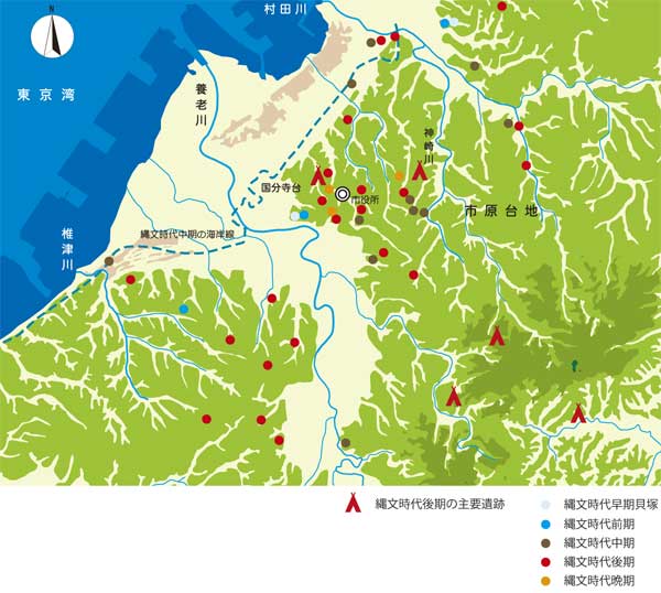 市原市の主要遺跡や貝塚の場所が書かれた地図の画像