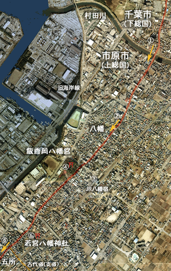 下総国境~八幡・五所を示した位置図の航空写真