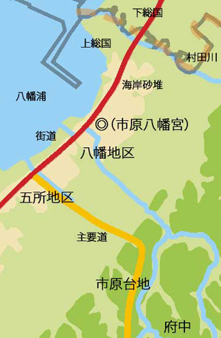 八幡地区の立地について示した地図