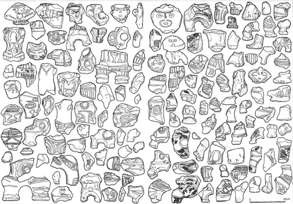 土偶の破片がいくつも並んでいるイラスト