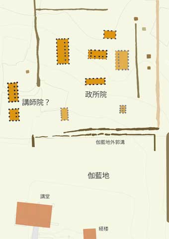 クリーム色を中心とした直列配置の講師院と、政所院が描かれた伽藍再建時の附属施設の図