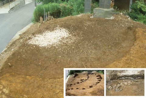 扇型で全体が茶色の土だが扇型の中心近くが一部白くなっている道路脇の斜面の写真、その右下には同心円状に無数の穴が掘られた同じ場所の発掘調査後の写真と堆積した貝層の写真