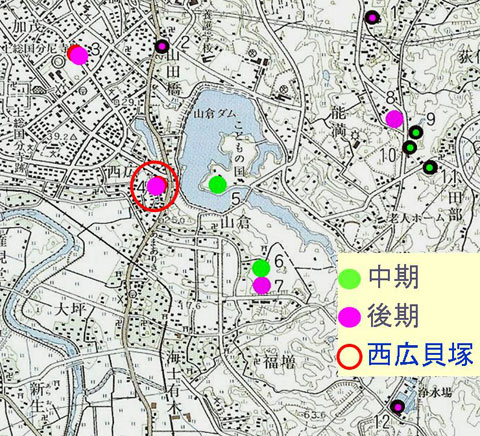 国分寺台付近貝塚分布図